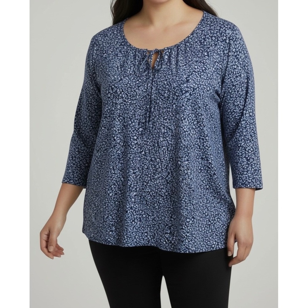 Lane Bryant Blue Floral Peplum Top 3/4 Sleeve Size 14/16 Plus Size Tie Neck